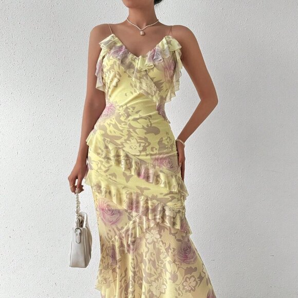 Yellow Boho Women's Beach Vacation Floral Print Ruffled Cami Dress Maxi - Picture 3 of 7